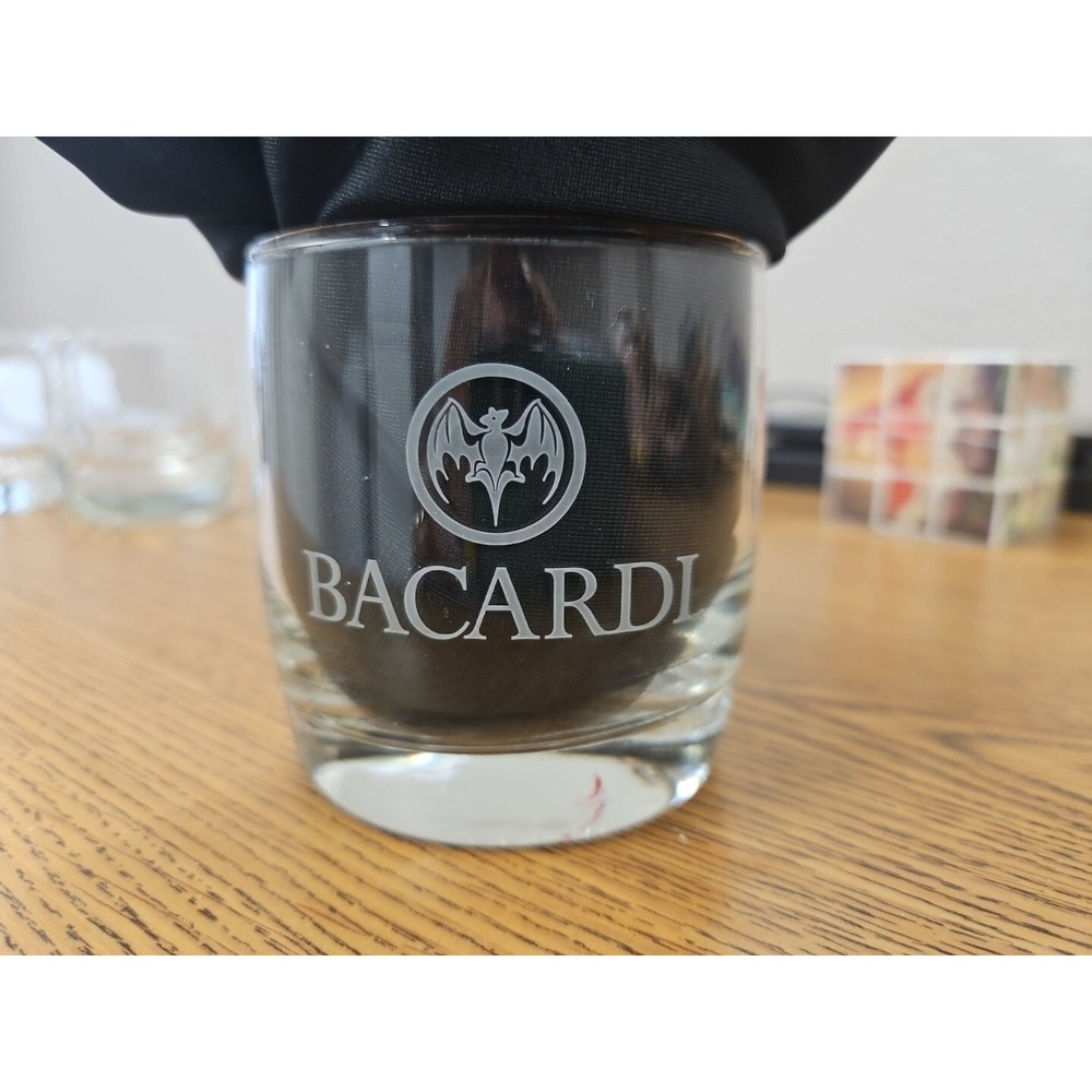Vintage Bacardi Rum Whiskey Lowball Etched‎ Bat Logo Glass 3" Set Of 6
